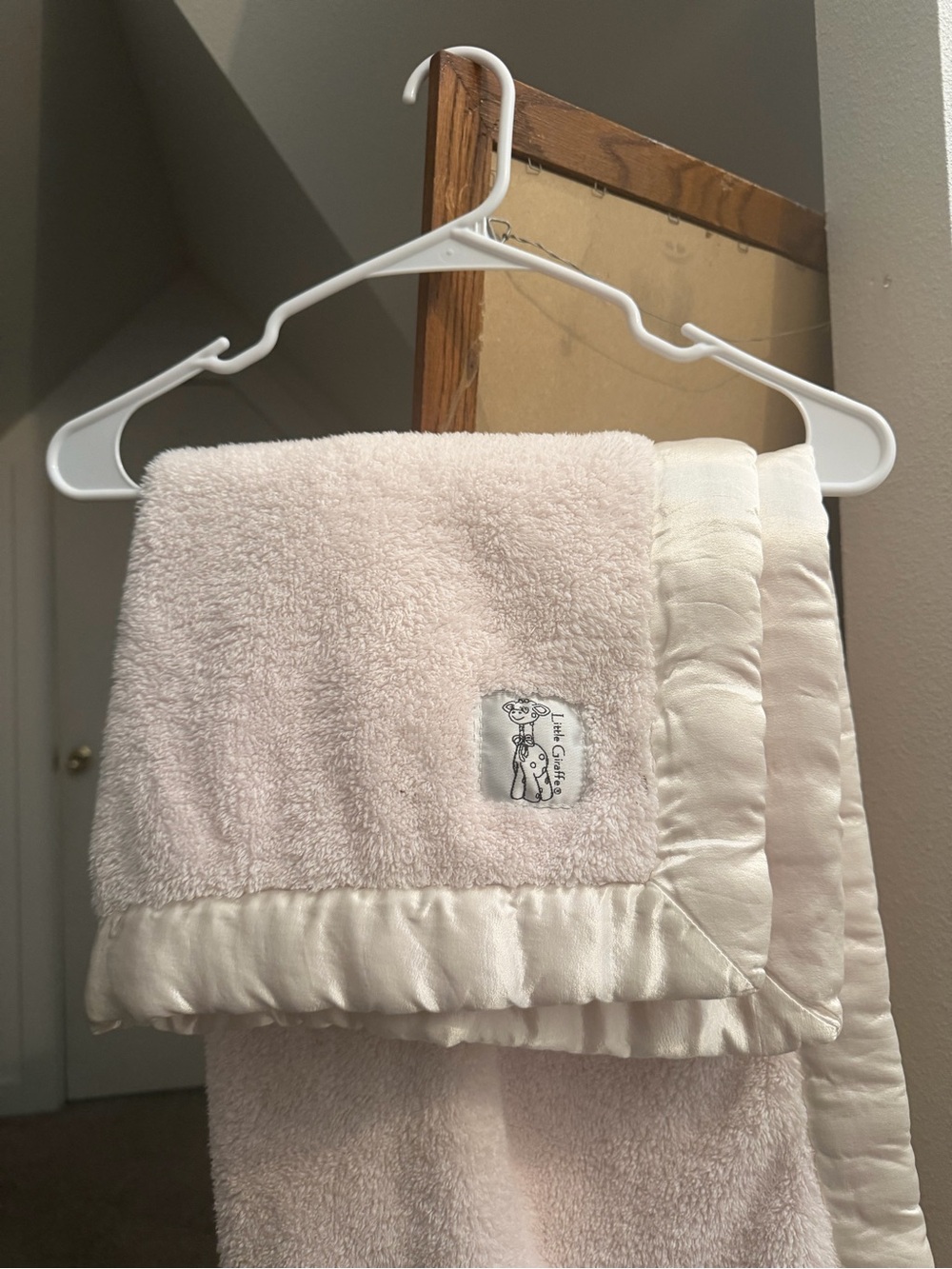 Little Giraffe Pale Pink Plush Baby Blanket with Ivory Satin Trim